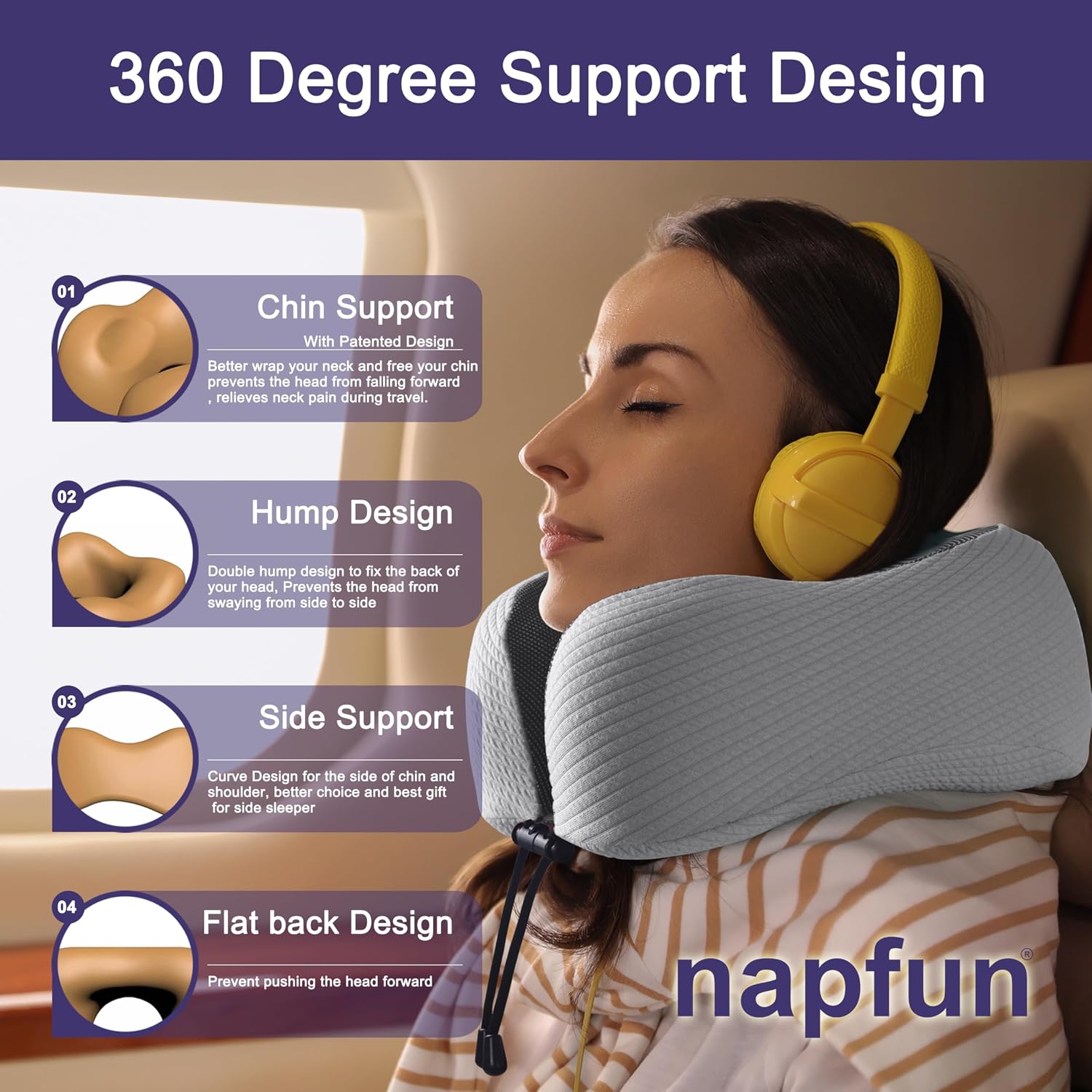 napfun Neck Pillow for Traveling, Upgraded Travel Neck Pillow for Airplane 100% Pure Memory Foam Travel Pillow for Flight Headrest Sleep…