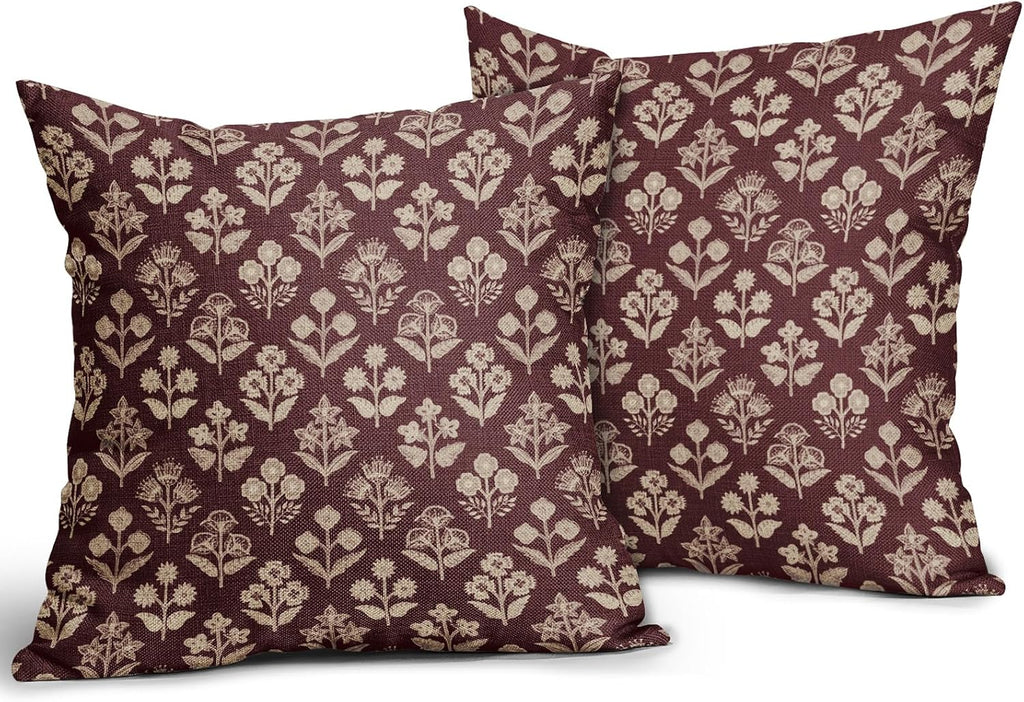 Burgundy Red Floral Block Print Pillow Covers 20x20 Inch Set of 2, Vintage Flower Pattern Decorative Throw Pillowcases Outdoor Farmhouse…