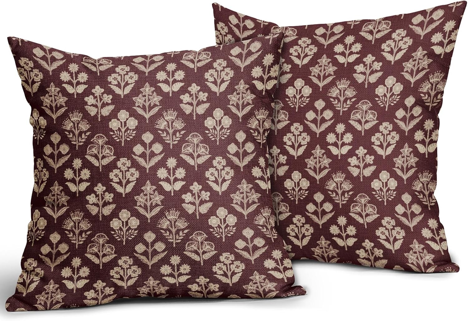 Burgundy Red Floral Block Print Pillow Covers 20x20 Inch Set of 2, Vintage Flower Pattern Decorative Throw Pillowcases Outdoor Farmhouse…
