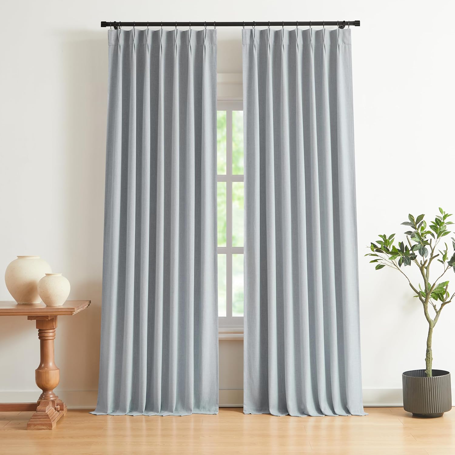 VisionHome Vision Home Blue Gray Pinch Pleated Full Blackout Curtains Linen Blended Room Darkening Window Curtains 112 inch for Living Room…
