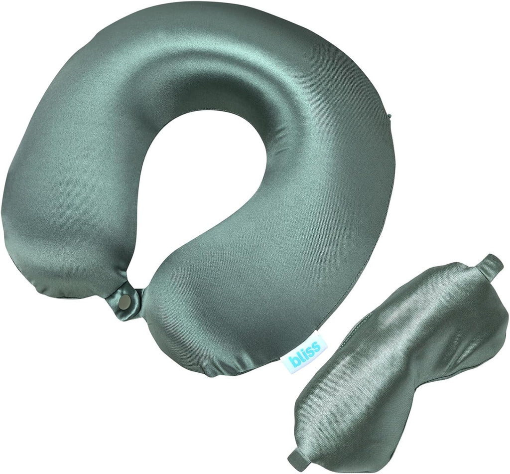 Bliss Neck Pillow Set - Lightweight U-Shaped Memory Foam Satin Travel Neck Pillow with Snap Closure and Matching Eye Mask for Airplane…