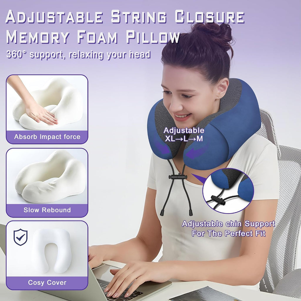 Neck Travel Pillow, Upgraded Memory Foam Pillow for Airplane, Machine Washable, Adjustable Flight Pillow, Suitable for Sleeping Airplane…