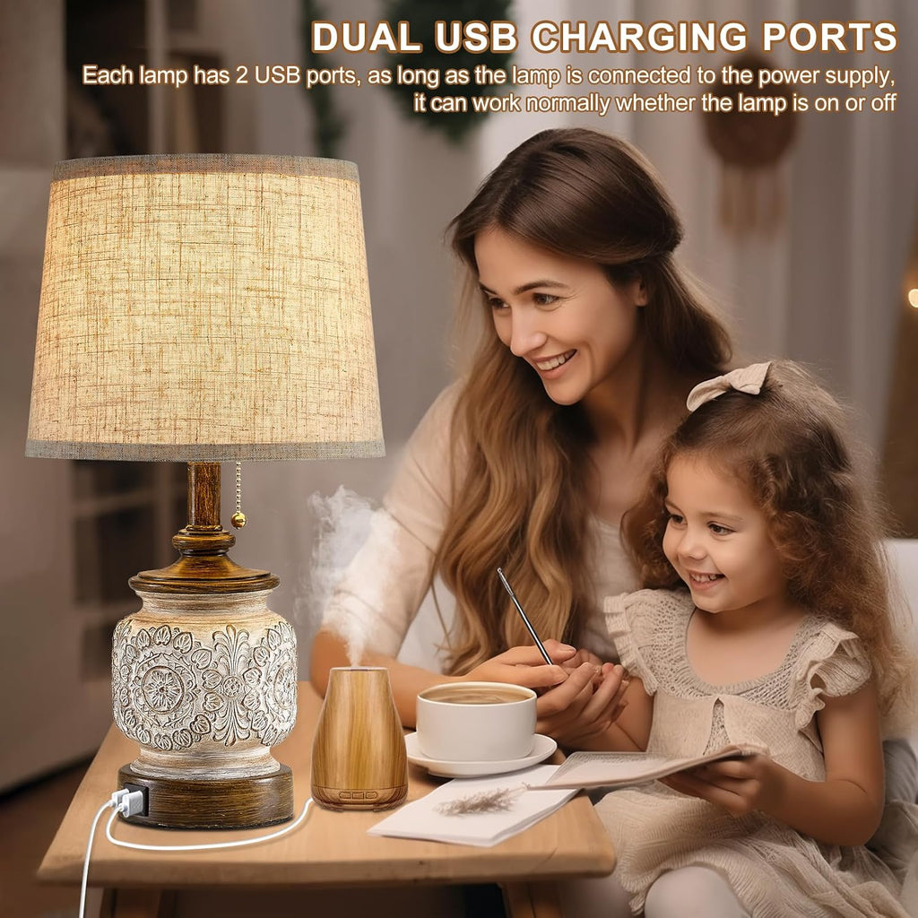 19.5" Farmhouse Bedside Table Lamps Set of 2 Rustic Lamps for Nightstand Bedroom with USB Ports Vintage Traditional White Carved Floral…
