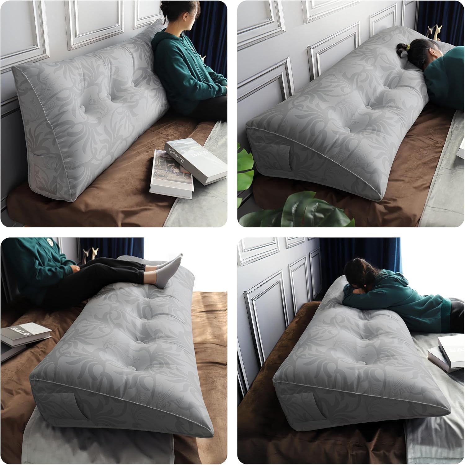 WOWMAX Headboard Pillow Queen Triangular Bed Wedge Pillow for Headboard Wedge Pillow Headboard for Daybed Bunk Bed Silver Bolster Pillow…