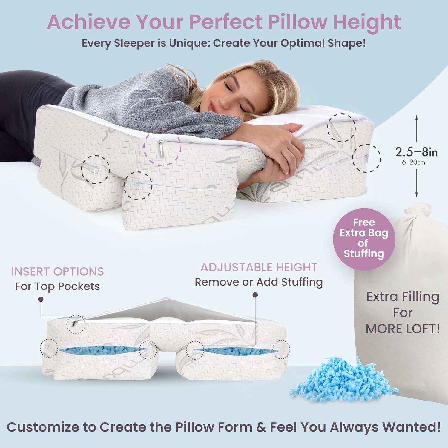 Home Wife Pillow - Cooling Shredded Memory Foam, 1 LBS Extra Bag of Stuffing, Ice Gel Infused Blended with Siliconized Fiberfill. Customize…