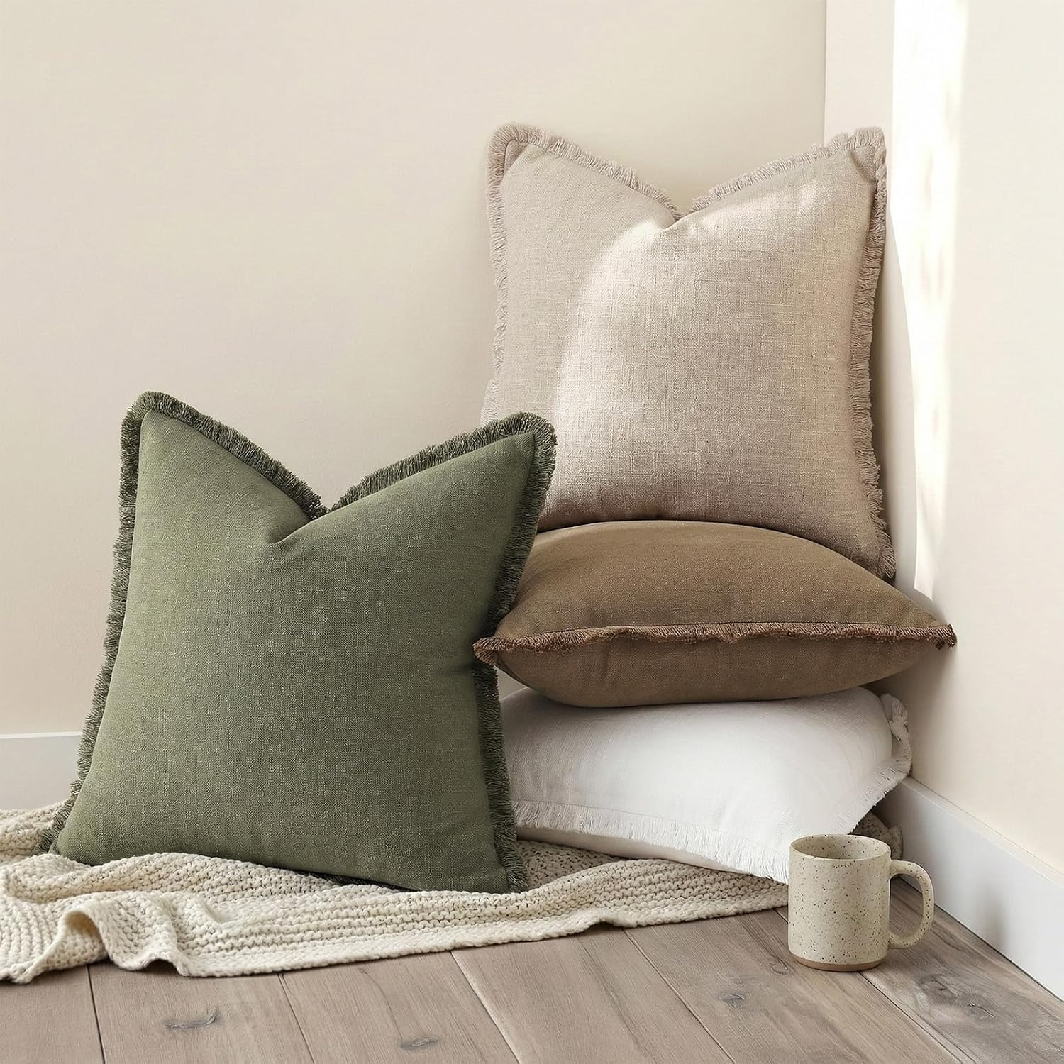 decorUhome Summer Decorative Neutral Linen Fringe Throw Pillow Covers Set of 2 Olive Green Pillow Covers with Tassels Soft Farmhouse Boho A…