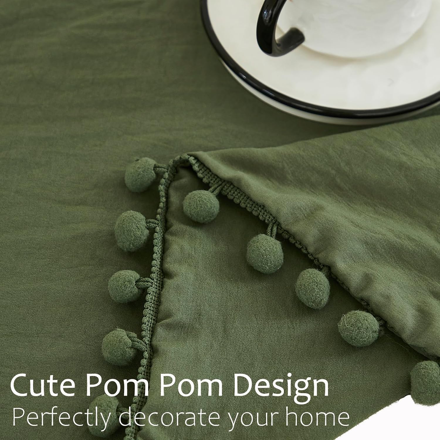Moveover Dark Green Pom Poms Pillowcases King, Green Pillowcases Set of 2, 100% Soft Washed Microfiber, Army Green Ball Fringe Pillow Cover…