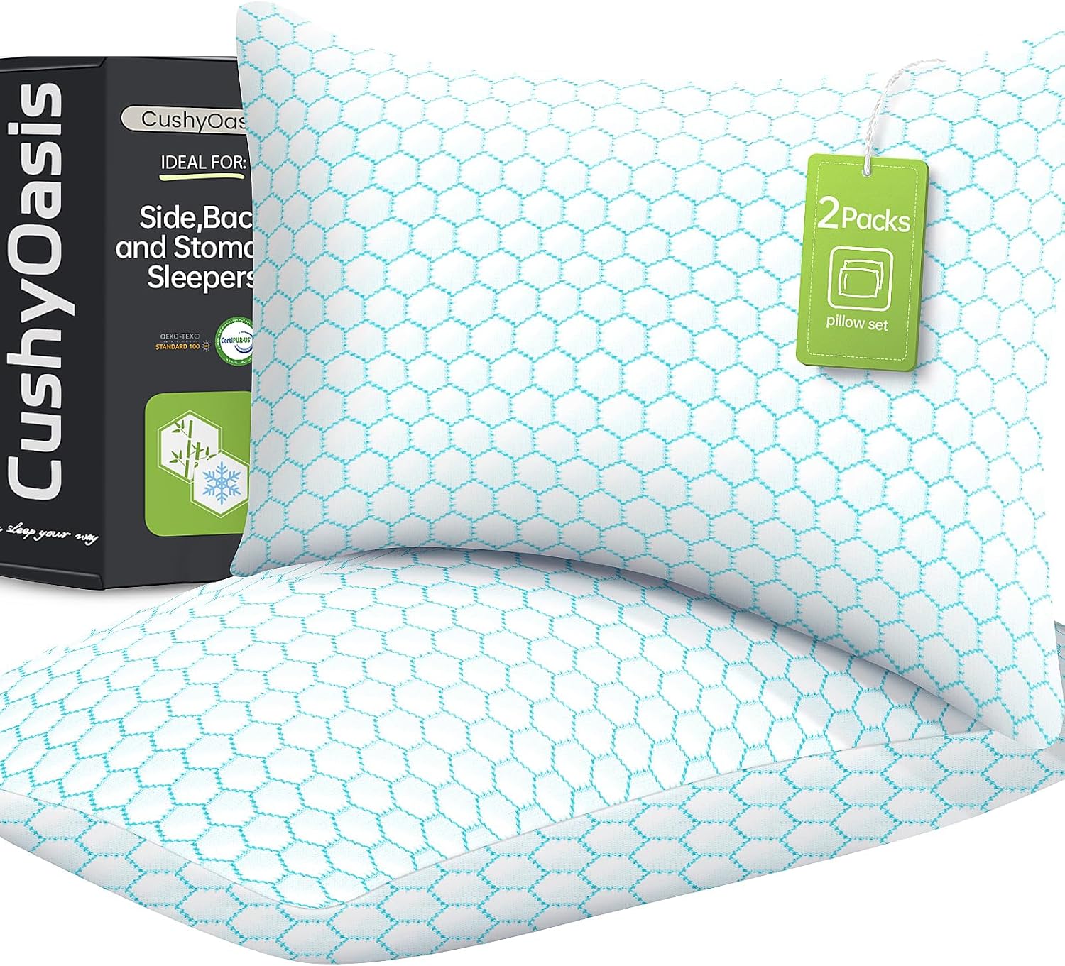 CushyOasis Shredded Memory Foam Pillow for Sleeping, Cooling Bed Pillows Set of 2, Adjustable Pillows for Side, Back, Stomach Sleepers with…