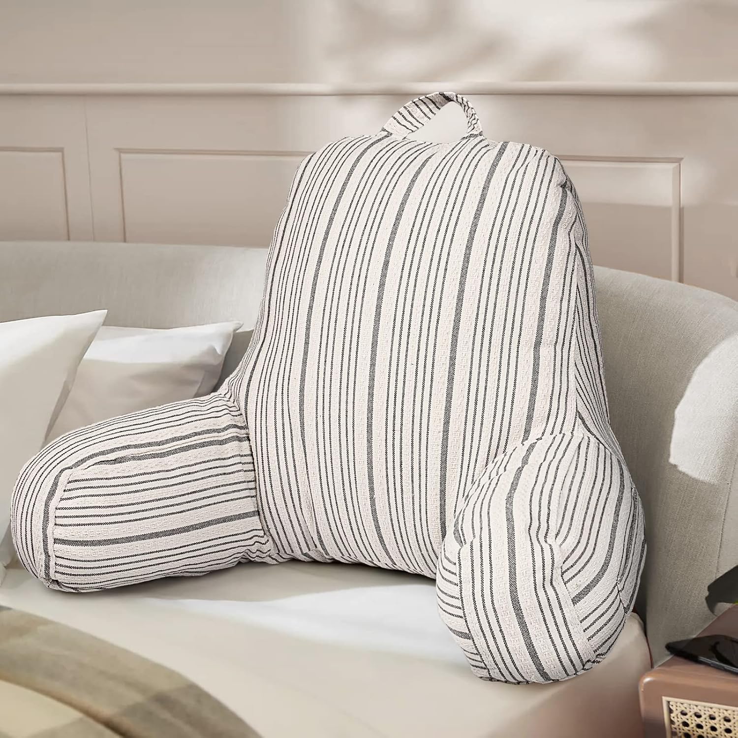 Aels Reading Pillow Replacement Cover (No Insert) with Arms and Pockets, 18" Beige with Gray Stripes Textured Backrest Pillow Cover Fits St…