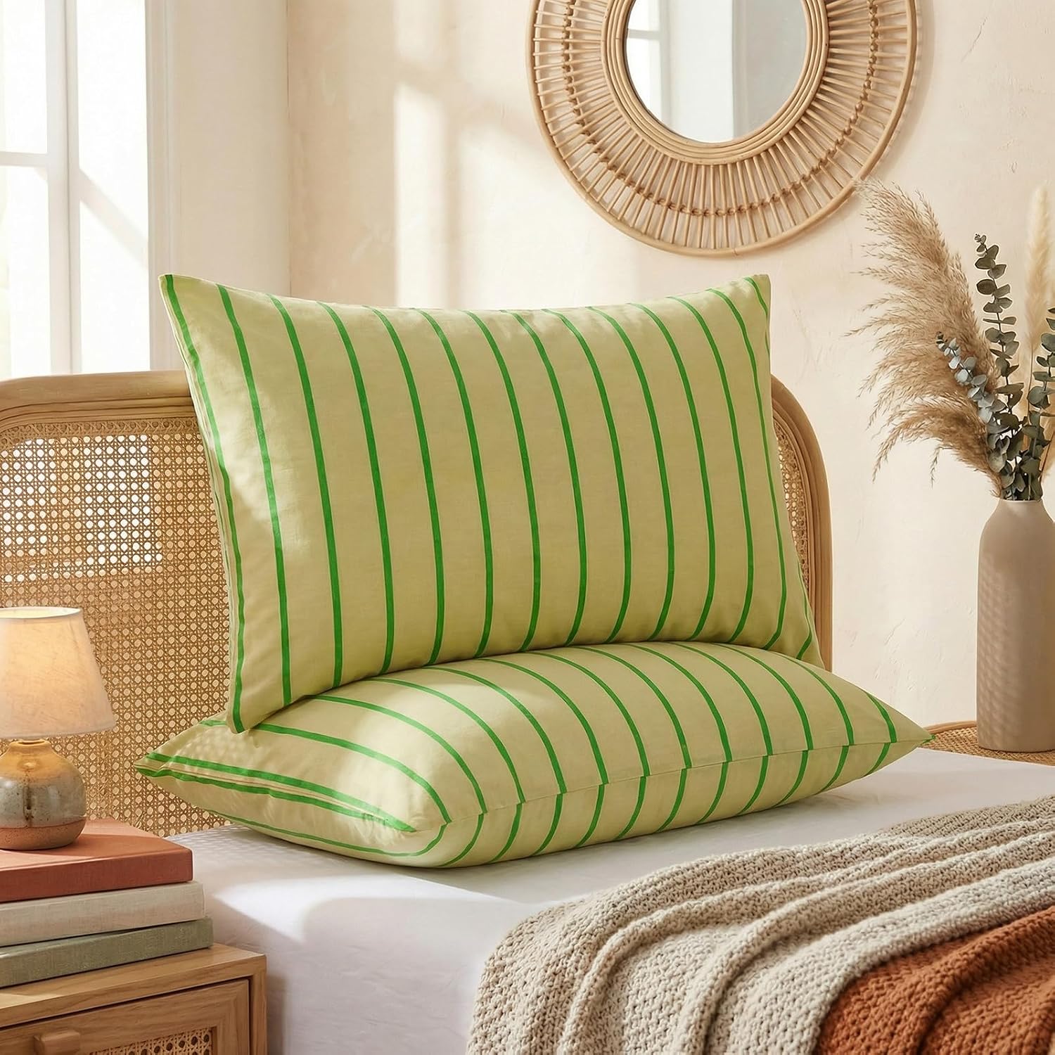 Merryword 100% Cotton Pillow Cases, Standard Size Pillowcases, Khaki & Green Striped Pillowcases, Luxury Linen Like Pillowcase, Soft Breath…