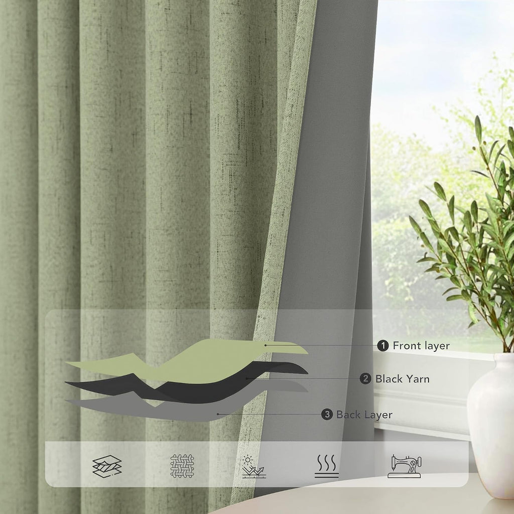 Pitalk Sage Green Room Darkening Curtains for Bedroom 108 Inch Extra Long 2 Panels Black Out Dark Academia Decor Linen Textured Blocking Li…