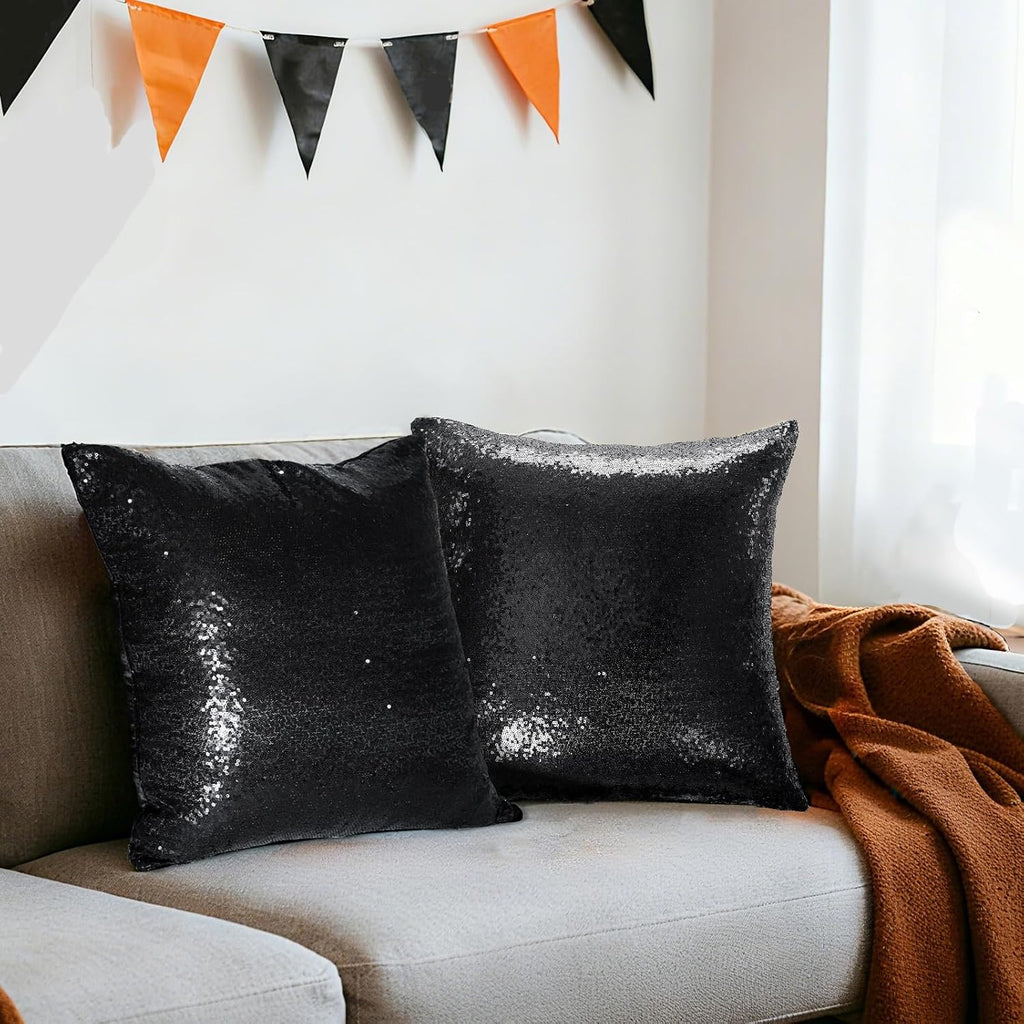 Eternal Beauty Set of 2 Sequin Decorative Pillow Cases Black Pillow Covers for Couch Bed Throw Pillows 18 X 18 Inches