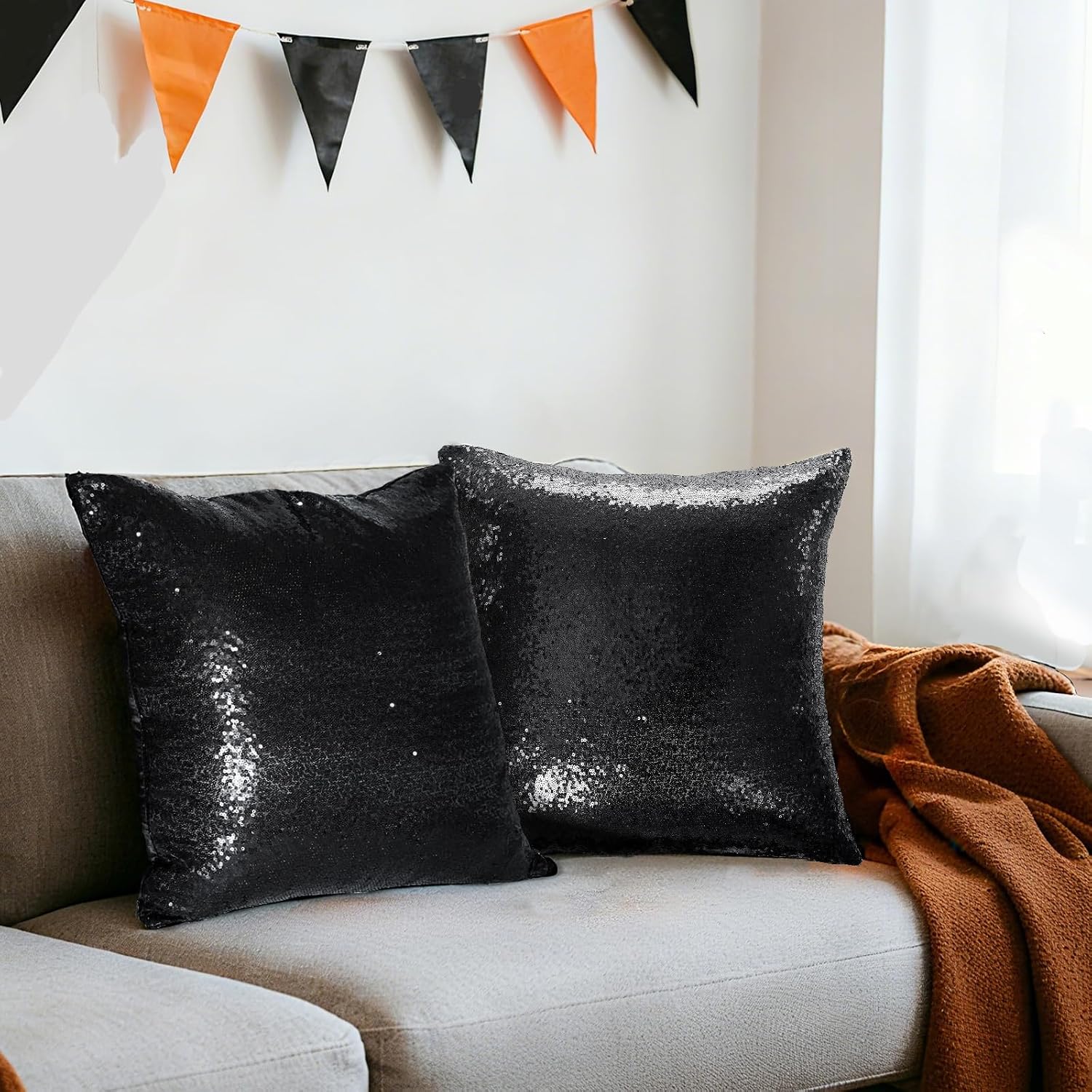Eternal Beauty Set of 2 Sequin Decorative Pillow Cases Black Pillow Covers for Couch Bed Throw Pillows 18 X 18 Inches