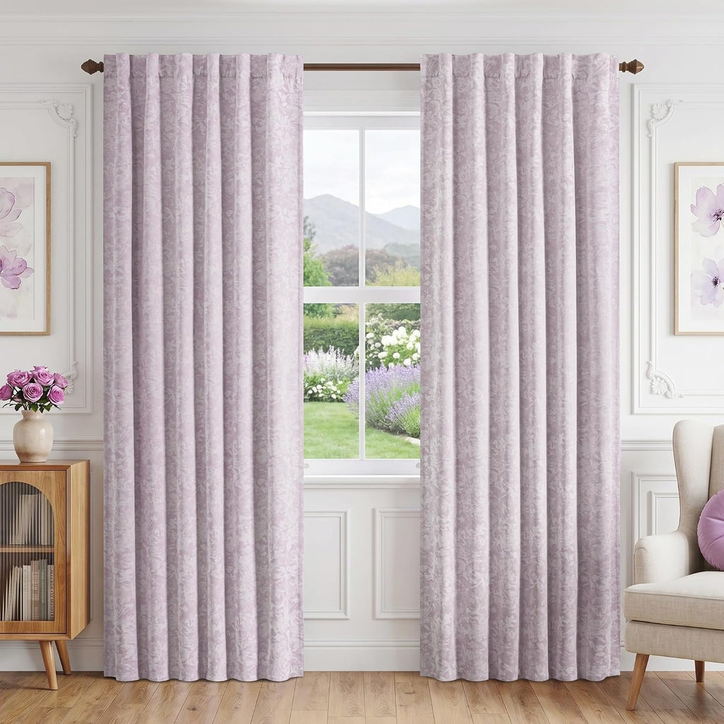 Beauoop Purple Floral Jacquard Blackout Curtains 84 Inches Long 2 Panels for Bedroom Living Room Chenille Flower Room Darkening Thermal…