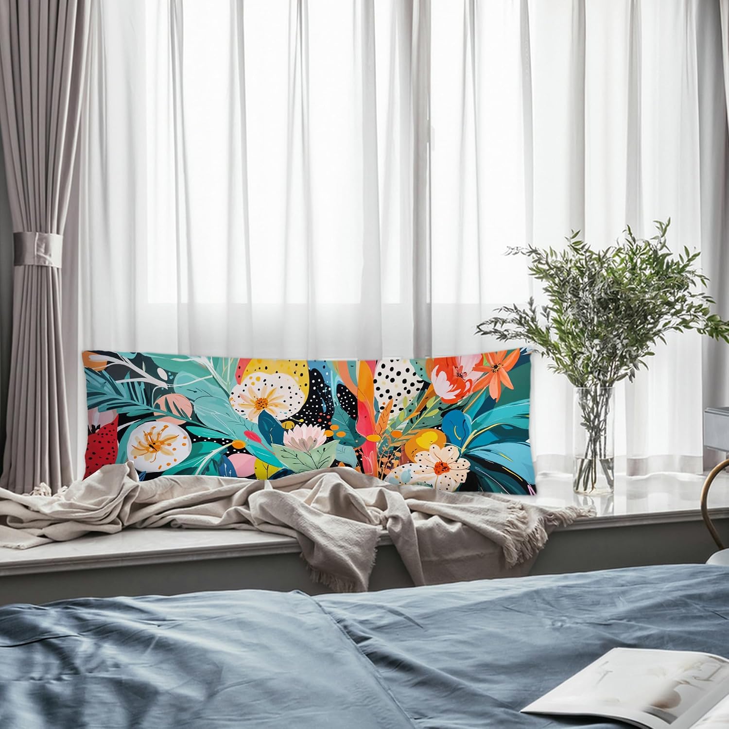 Abstract Boho Tropical Floral Body Pillow Covers 20x54, Trendy Maximalist Eclectic Colorful Botanical Long Body Pillow Case Cover with…