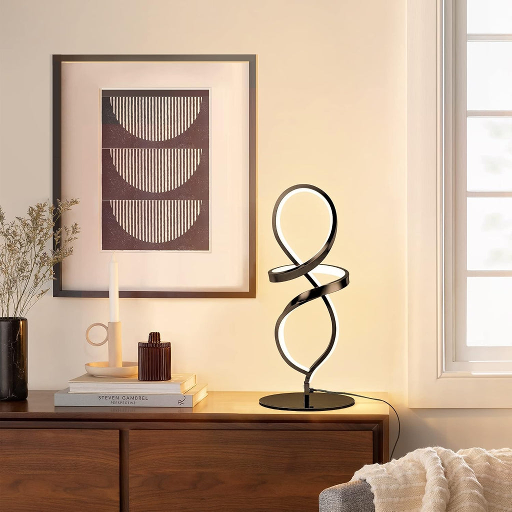 Mayful Modern Table Lamp with LED Unique Spiral Design, Small Nightstand Lamp with Stepless Dimming Switch, Black Bedside Lamps for…