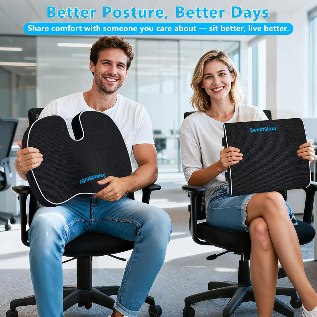 SweetSlubr SweetSlubr Ergonomic Memory Foam Seat Cushion & Lumbar Support Pillow Set, Orthopedic Coccyx Cushion for Office Chair, Ca…
