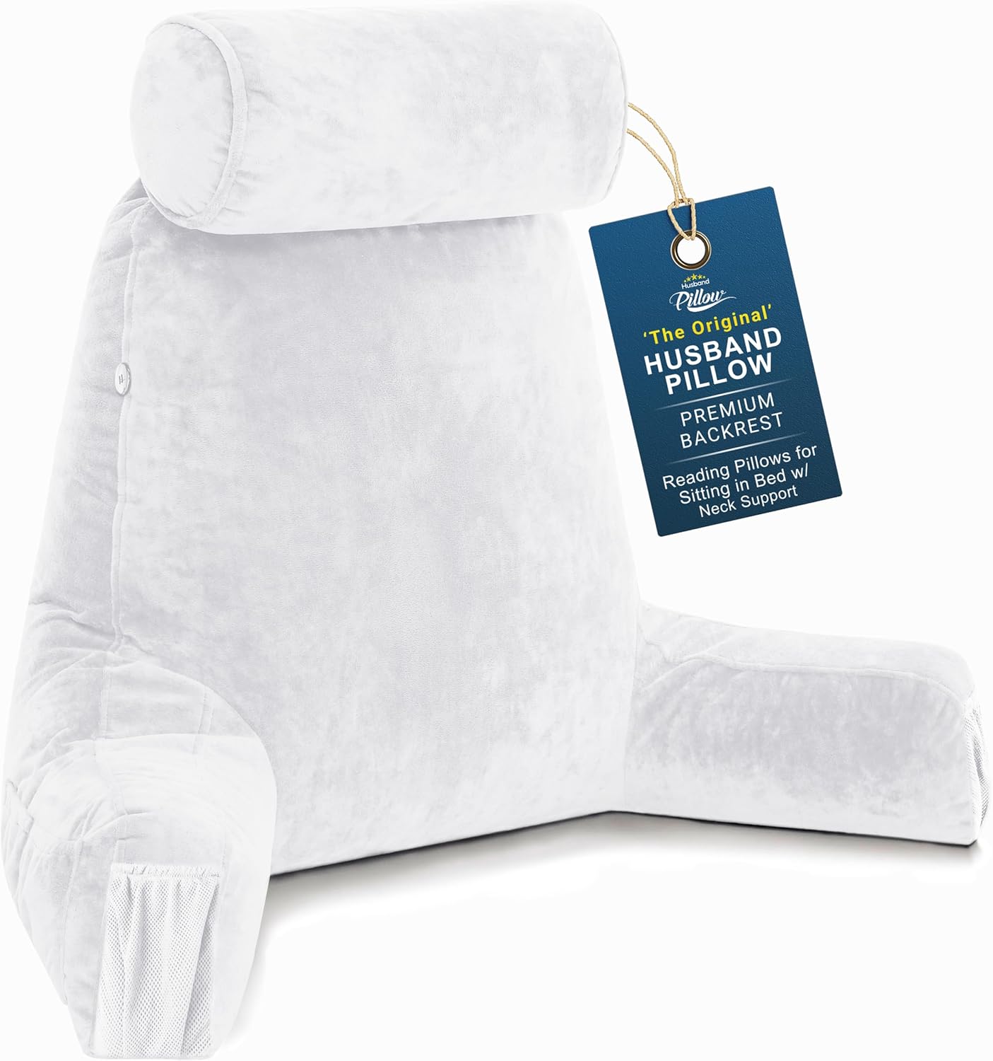 Husband Pillow Medium Reading Pillow with Arms - 23" Backrest for Sitting Up in Bed - Firm Support Bed Rest Pillow for Adults, Neck Roll…