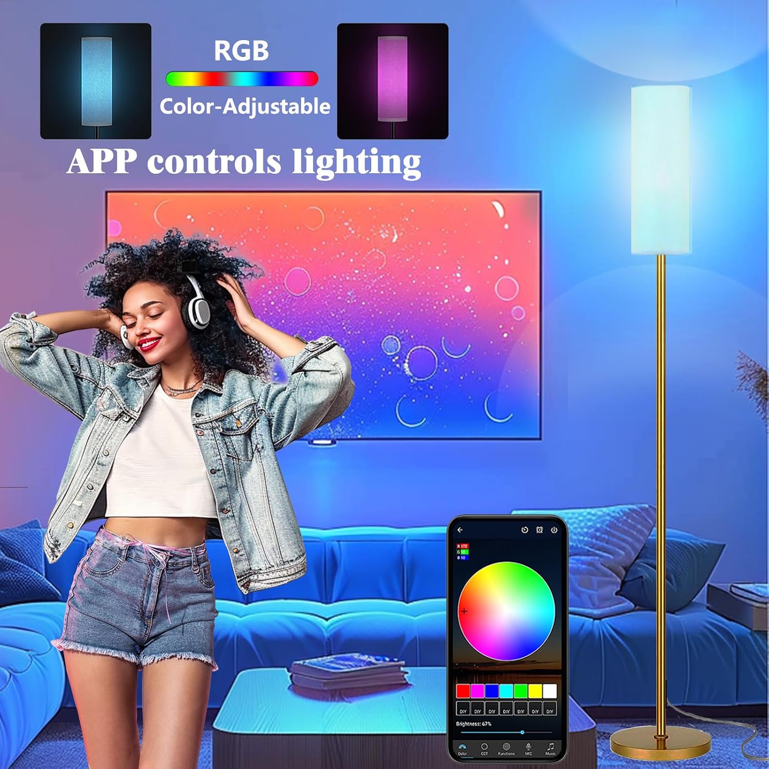 Qaubauyt Smart LED Floor Lamp with APP Control & RGB Colors - Dimmable Standing Lamp for Living Room, Bedroom, Gaming - Remote, Timer, 9W…