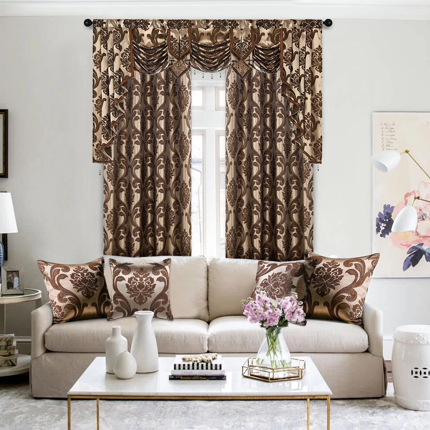 NAPEARL Throw Pillow Covers-Set of 2 Brown Beige Damask Jacquard Patterns, Luxury Satin Decorative Pillowcase for Couch, Sofa, Bed…