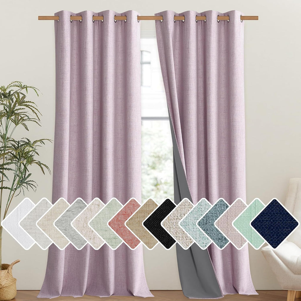 NICETOWN Pink Vintage Linen 100% Blackout Curtains for Living Room, Thermal Insulated Curtains 102" Long, Noise Reducing Window Treatment…