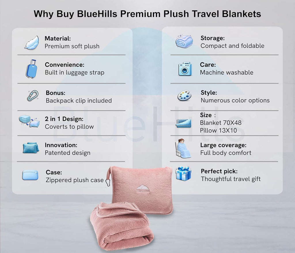 BlueHills Premium Soft Long Travel Blanket Pillow for Tall Airplane Flight Blanket 70 X48 inch Throw in Soft Bag case with Backpack Clip…