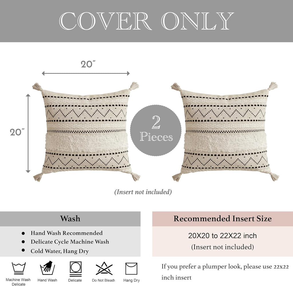 BlissBlush Decorative Throw Pillow Covers 20x20 Combo Set of 2 Square Boho Black Neutral Accent Pillowcase Tassels Farmhouse Cushion for…