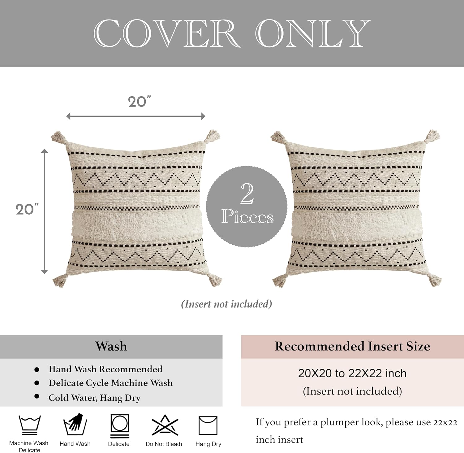 BlissBlush Decorative Throw Pillow Covers 20x20 Combo Set of 2 Square Boho Black Neutral Accent Pillowcase Tassels Farmhouse Cushion for…