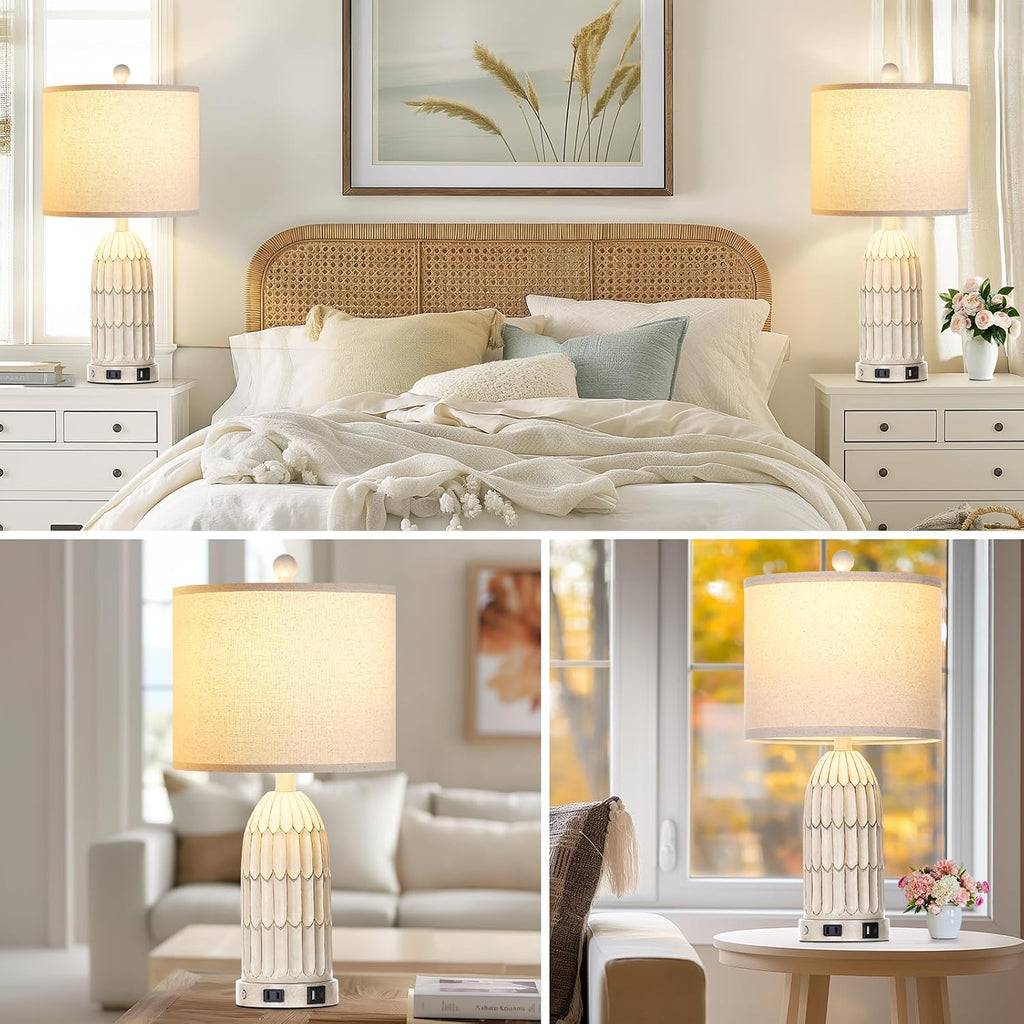 Cinkeda Farmhouse Table Lamps Set of 2, 3-Way Dimmable Touch Lamp for Bedroom Nightstand with USB A+C Ports & AC Outlet, White Vintage…