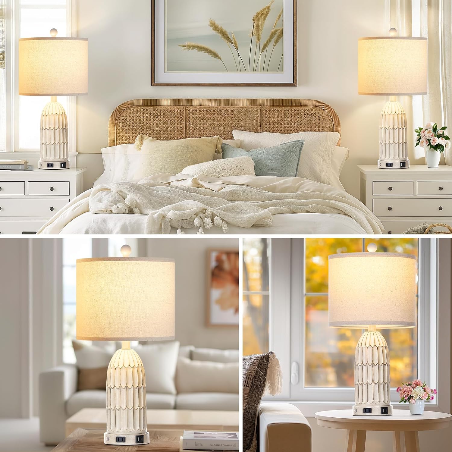 Cinkeda Farmhouse Table Lamps Set of 2, 3-Way Dimmable Touch Lamp for Bedroom Nightstand with USB A+C Ports & AC Outlet, White Vintage…