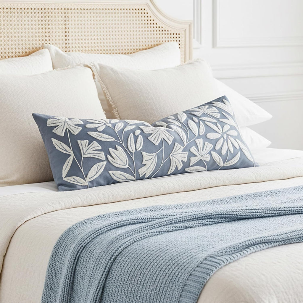 BlissBlush 14x36 Lumbar Pillow Cover for Bed, Grayish Blue Rectangular Long Throw Pillowcase, Embroidered Velvet Floral Tufted Farmhouse…