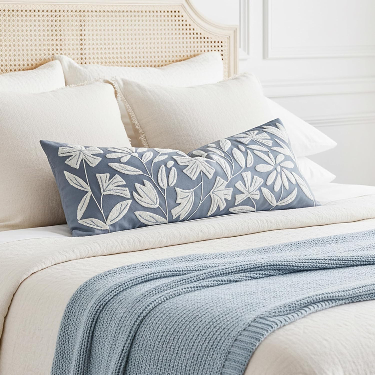 BlissBlush 14x36 Lumbar Pillow Cover for Bed, Grayish Blue Rectangular Long Throw Pillowcase, Embroidered Velvet Floral Tufted Farmhouse…