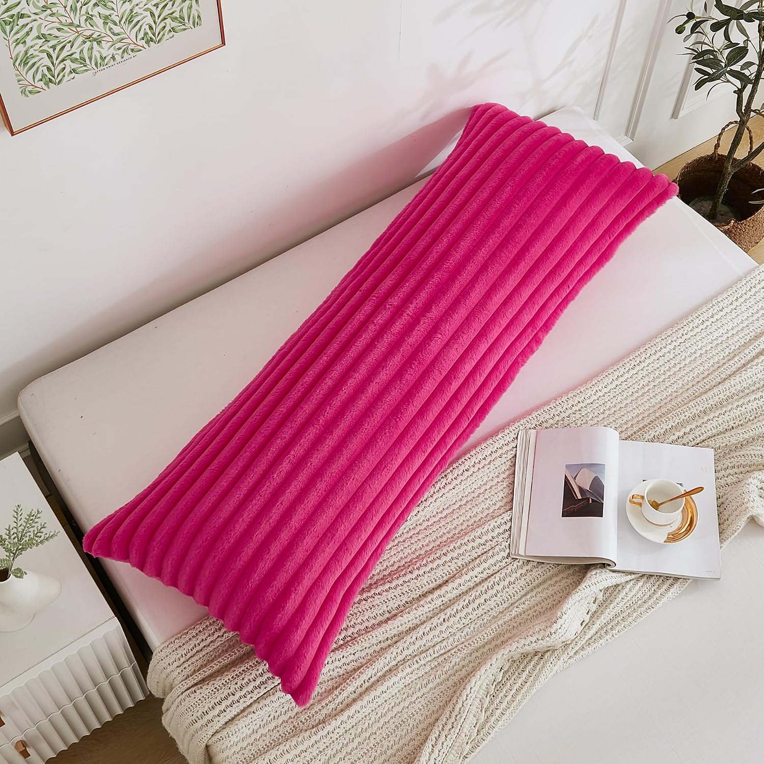Memfydu Full Body Pillow with Fluffy Stripe Faux Fur Removable Cover, Long Bed Pillow Adult 20x54 Inches for Side Sleeper and Pregnancy, Ho…