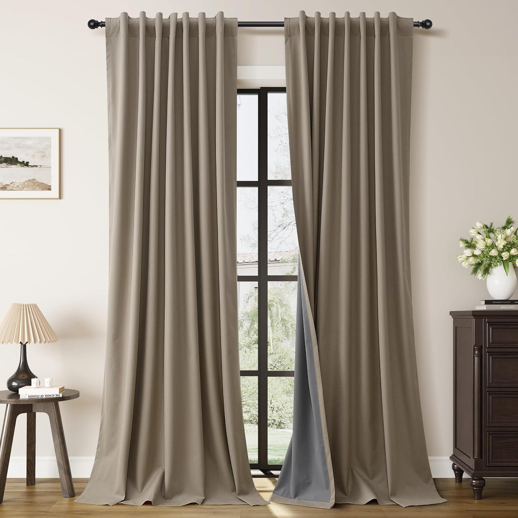 Guken Light Camel Linen 100% Blackout Curtains 108 Inches Long 2 Panels for Patio Curtains for Sliding Door Farmhouse Light Blocking Therma…