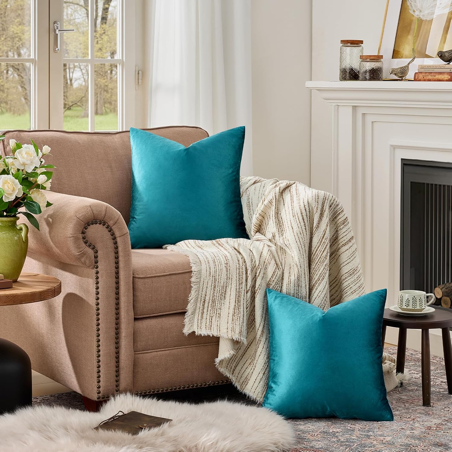 GIGIZAZAFocusingonhomedecoration GIGIZAZA Decorative Throw Pillow Covers 26x26, Set of 2 Teal Peacock Green Square Couch Pillow Covers, Velve…