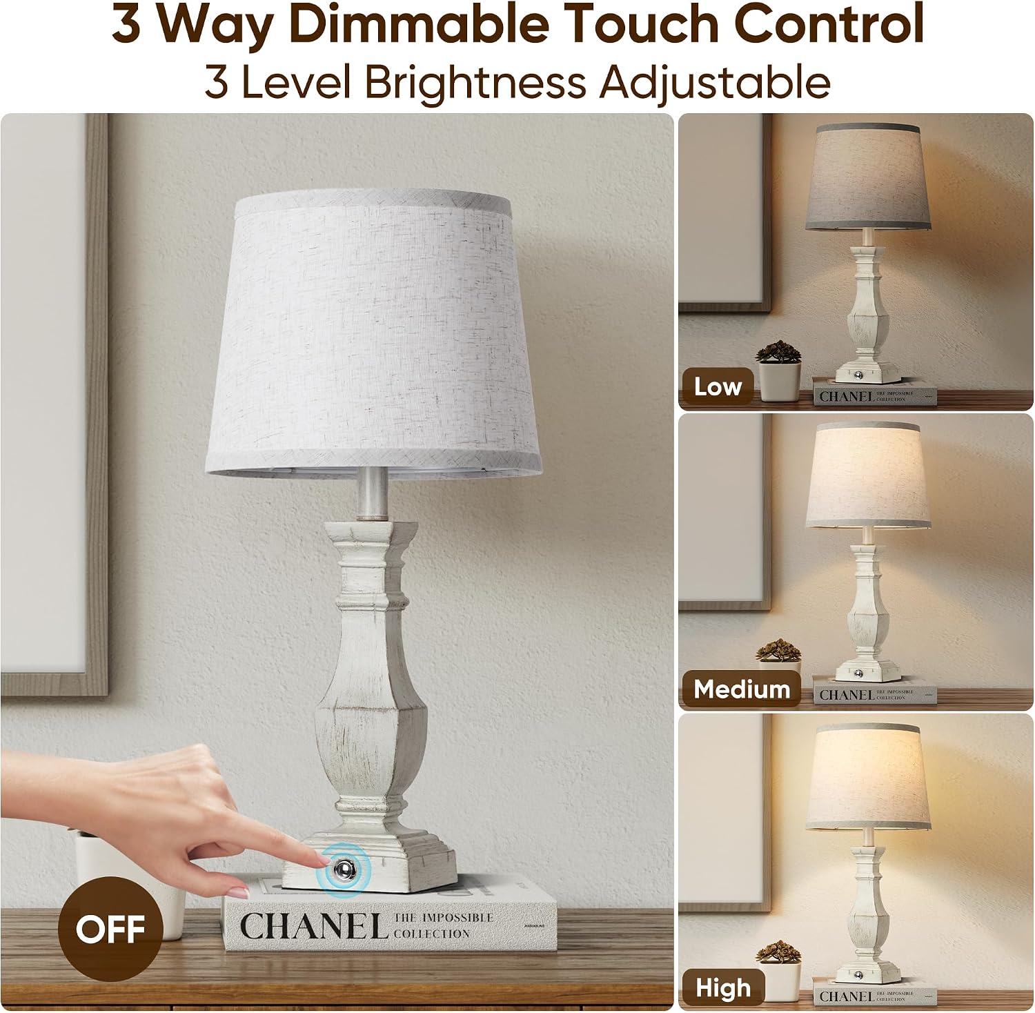 ROTTOGOON Dimmable Table Lamps Set of 2, Rustic Farmhouse Table Lamps for Living Room Bedroom, Bedside Desk Lamps for End Tables, Touch…
