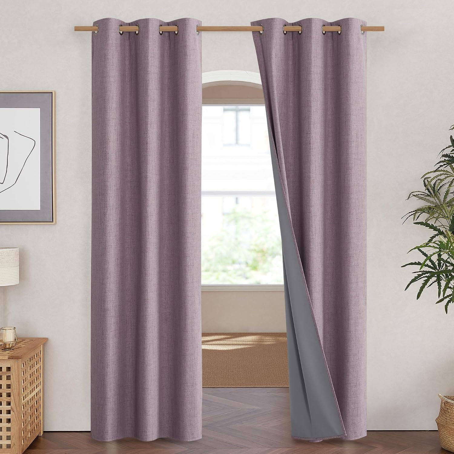 NICETOWN Chaise Mauve Vintage Linen 100% Blackout Curtains for Living Room, Thermal Insulated Curtains 84" Long, Noise Reducing Window…