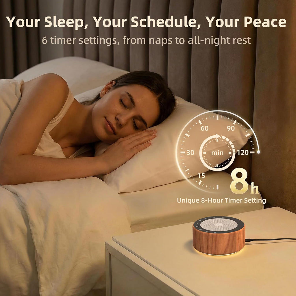 Kipcush White Noise Machine - Soft Non-Glare Nursery Lamp, 30 Soothing Sounds, 8 Color Lights, Max 8-Hour Timer for Baby & Adults (Walnut…