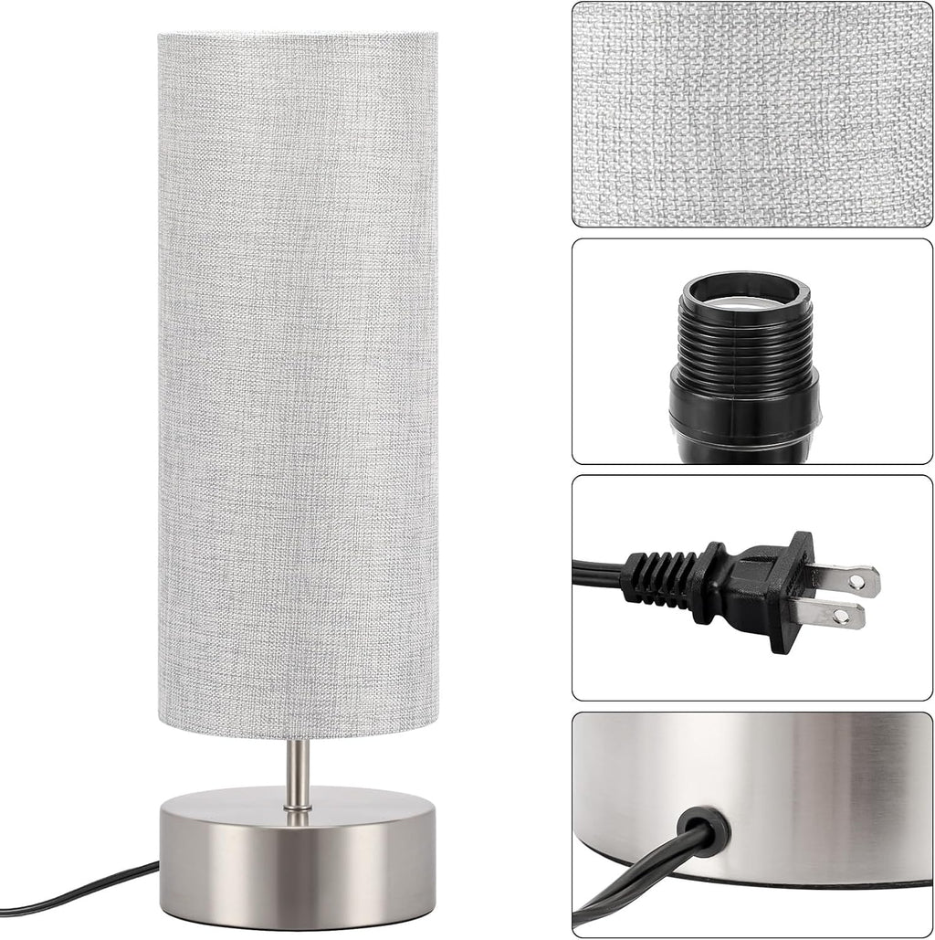 Bedside Touch Lamp, 3 way Touch Control Table Lamp with Silver Base, Modern Gray Nightstand Lamp with Cylinder Shade, Simple Dimmable…