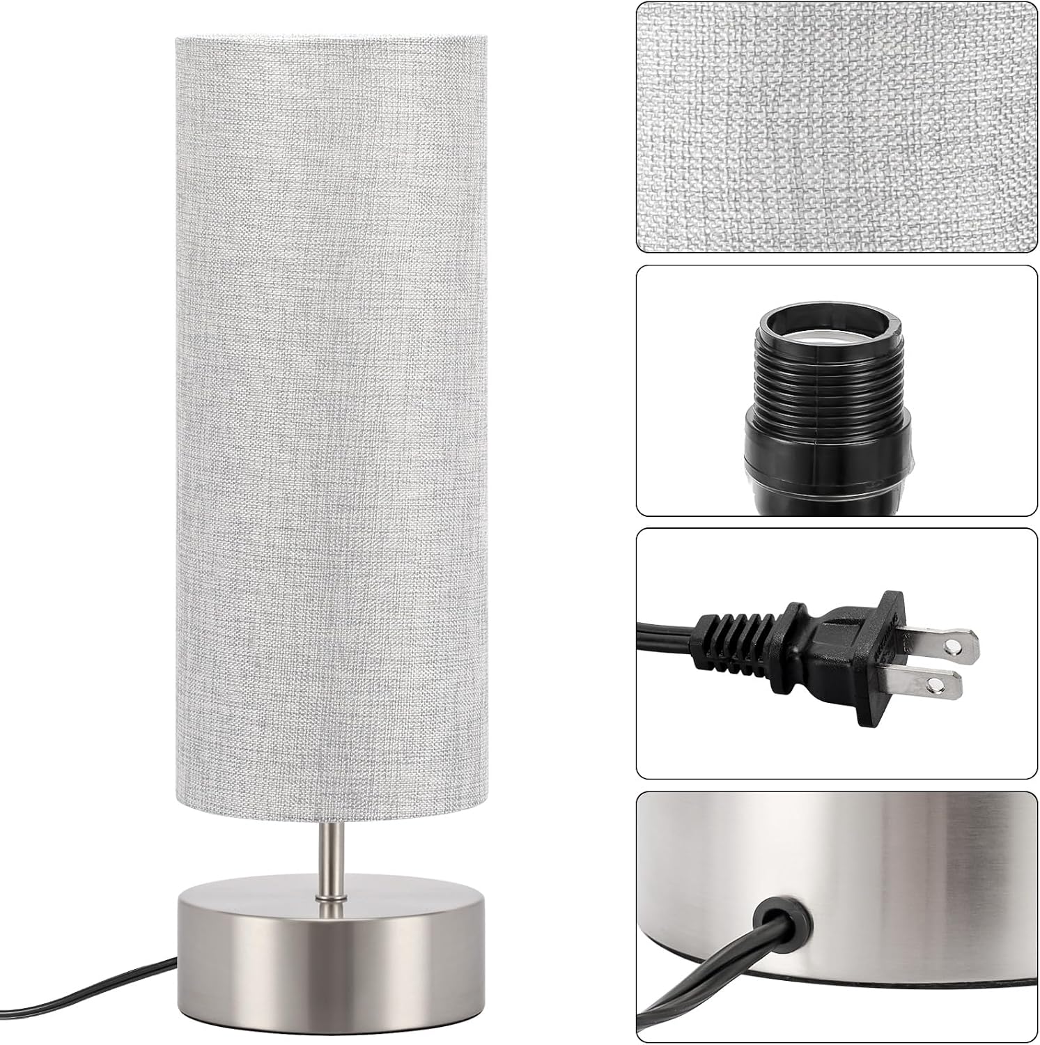 Bedside Touch Lamp, 3 way Touch Control Table Lamp with Silver Base, Modern Gray Nightstand Lamp with Cylinder Shade, Simple Dimmable…