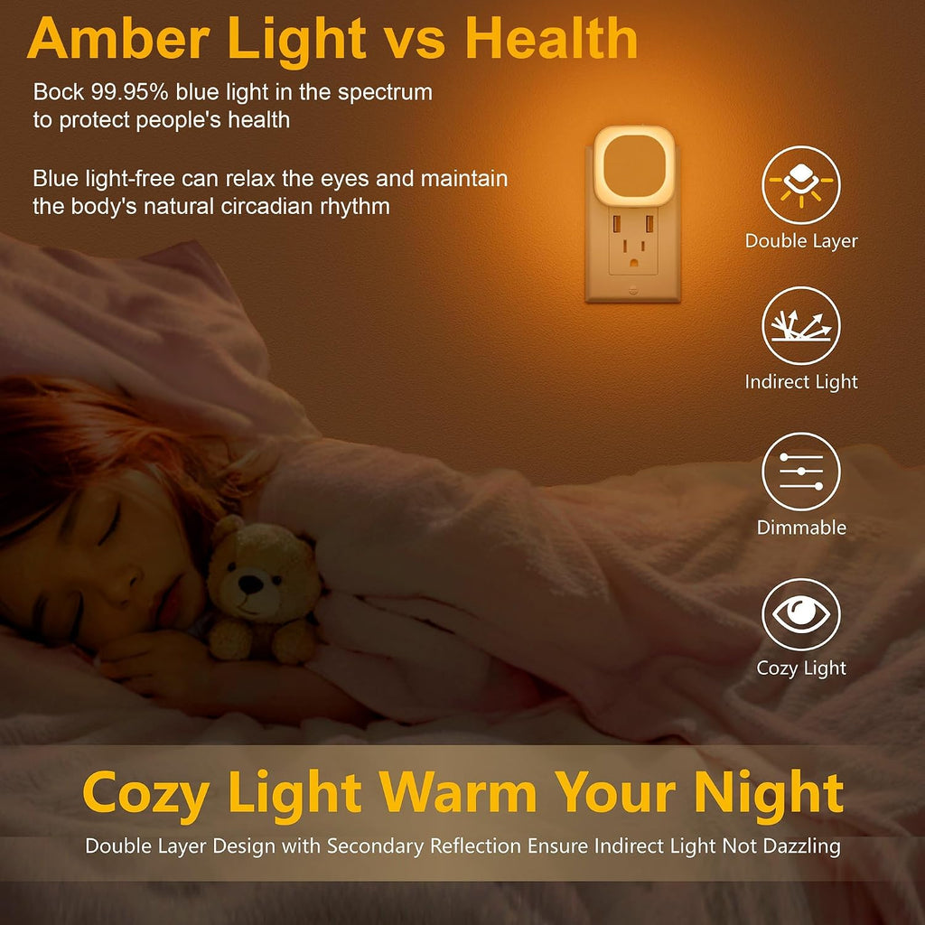 YUNLEX 4 Pack Amber Night Light, Dusk to Dawn Sensor, Warm Glare-Free Reflected Glow, 3-Level Dimmer, Auto On/Off, Plug-in LED Nightlight…