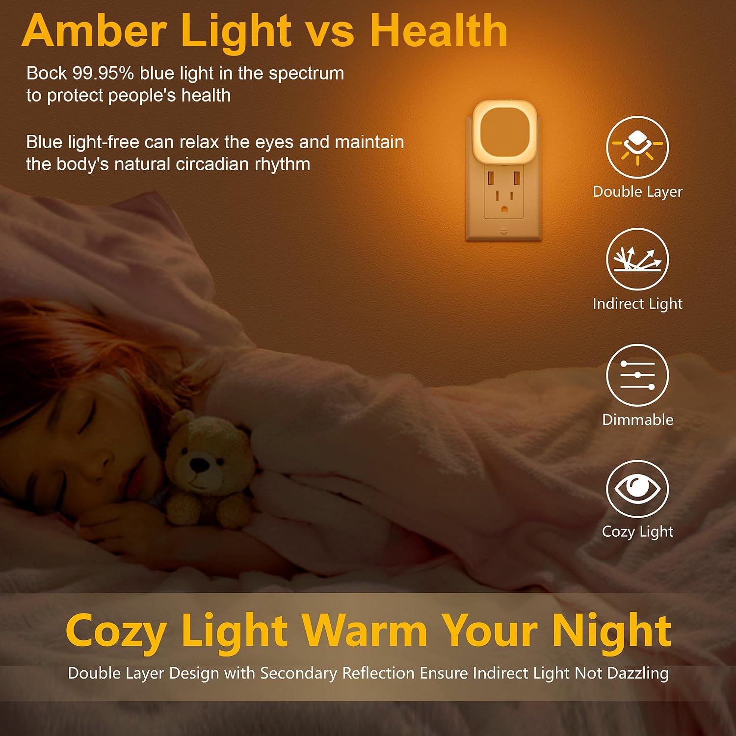YUNLEX 4 Pack Amber Night Light, Dusk to Dawn Sensor, Warm Glare-Free Reflected Glow, 3-Level Dimmer, Auto On/Off, Plug-in LED Nightlight…