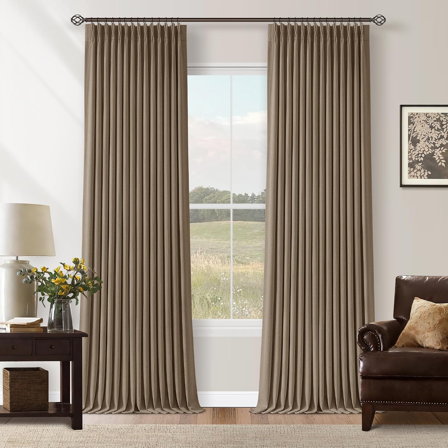 Twodrapes Light Brown Memory Trained Pinch Pleated Bedroom Blackout Curtains 108 Inches Long 2 Panels Set Double Layer Linen Soundproof The…