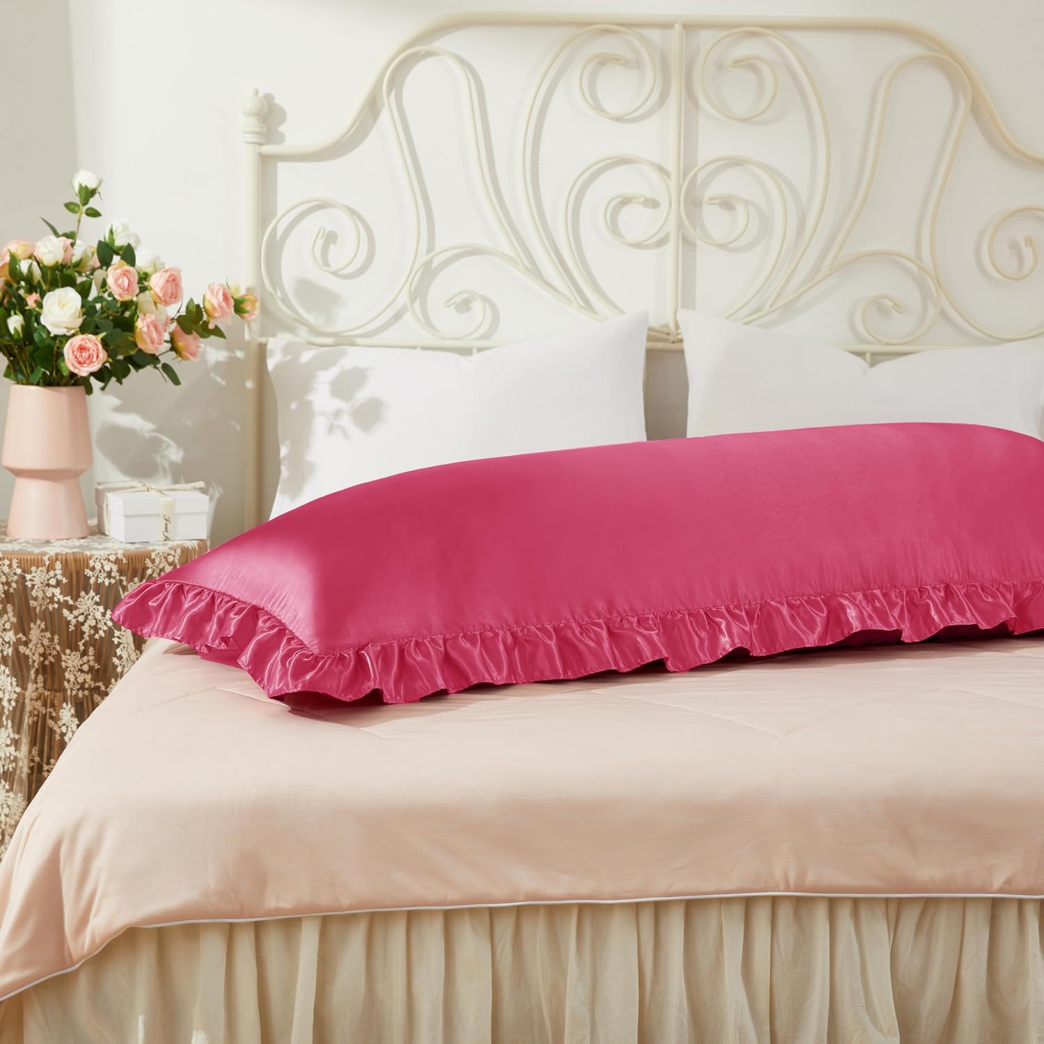 HommxJF Peach Red Satin Pillowcases Body Pillow for Hair and Skin, Peach Red Body Pillow Silk Pillowcase with Envelope Closure Princess Room…
