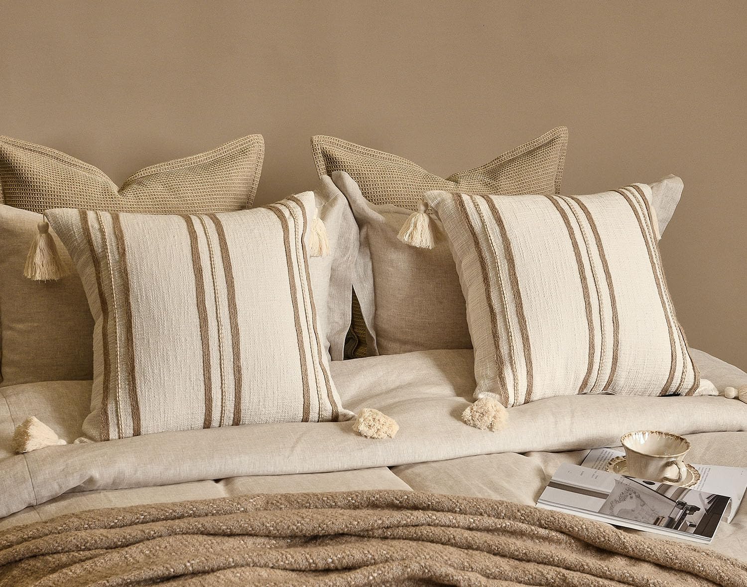 Aibuhome Beige Boho Decorative Throw Pillow Cover 20x20 Square Woven Textured Farmhouse Pillows Cushion Cases for Couch Bed Sofa Living Roo…