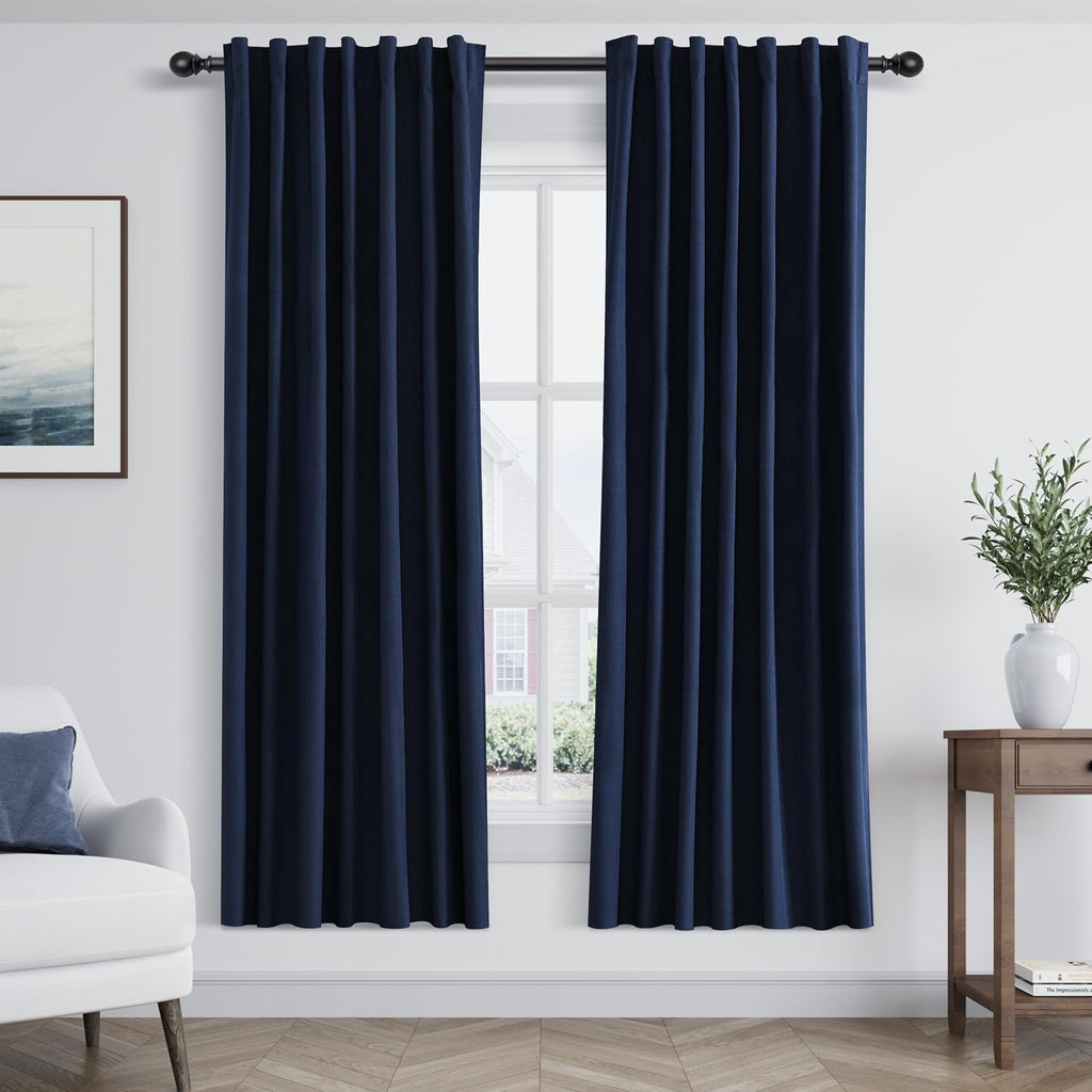 Guken Navy Blue 100% Blackout Curtains 72 Inch Length 2 Panels Set for Living Room Bedroom Back Tab Thermal Insulated Black Out Linen Drape…