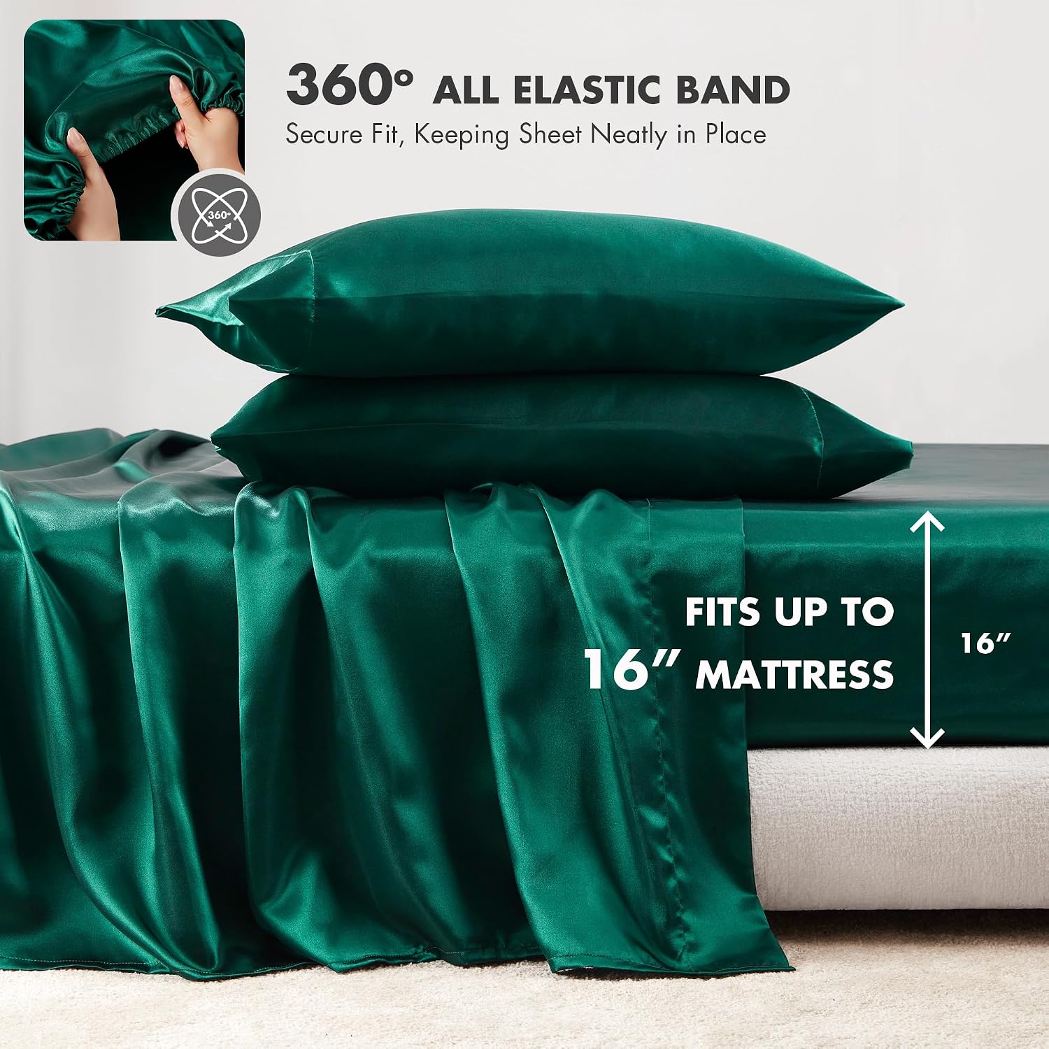 Madisonpark Madison Park Satin Sheets Full Size, Elastic 14" Pocket Fits Up to 16" Mattress, Wrinkle-Free, Soft Satin Bed Sheet Set, Emeral…