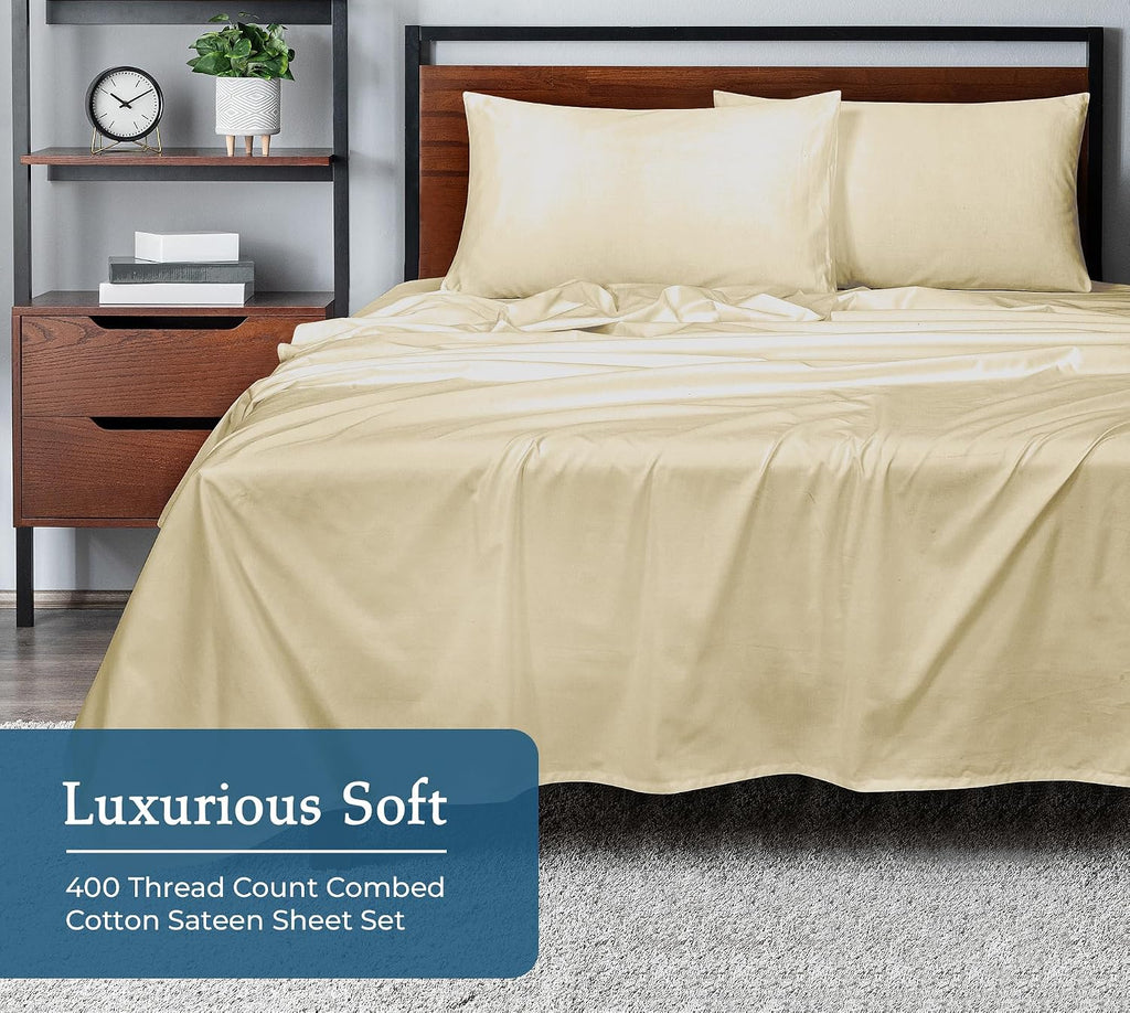 Royalelinens ROYALE LINENS 400 Thread Count 100% American Grown Cotton 4 Piece Sateen King Sheet Set - 1 Fitted Sheet, 1 Flat Sheet, 2 Pill…