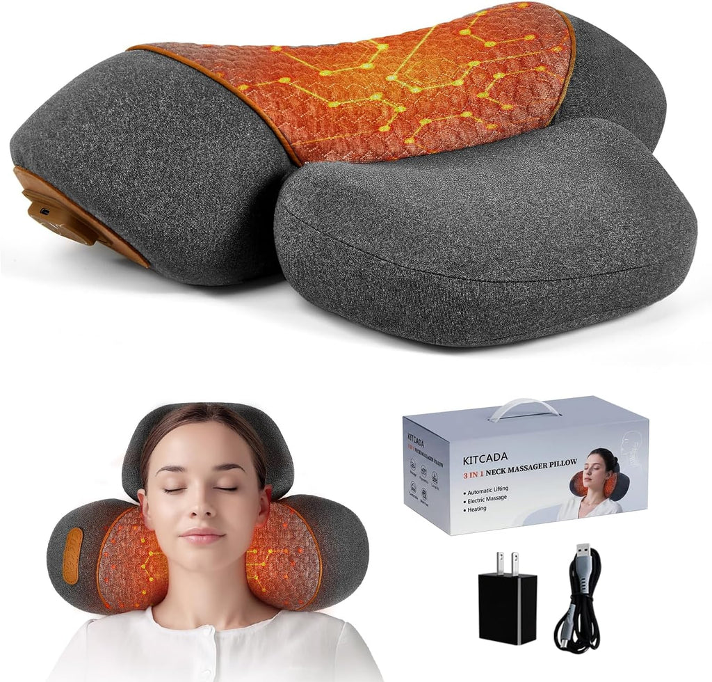 Kitcada Upgraded Neck Massager Pillow, 3-in-1 Neck Massager, Traction Massage with Heat, Neck Pillow for Shoulder Pain, Deep Tissue, Rechar…