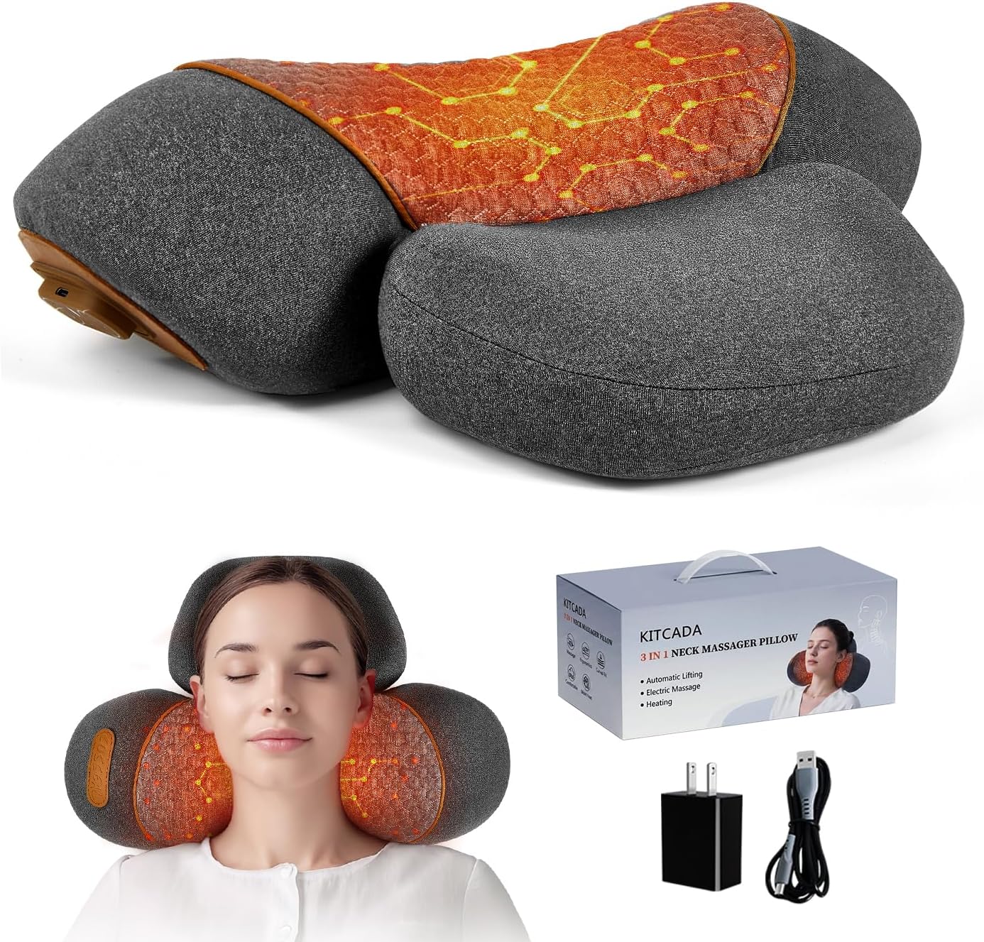 Kitcada Upgraded Neck Massager Pillow, 3-in-1 Neck Massager, Traction Massage with Heat, Neck Pillow for Shoulder Pain, Deep Tissue, Rechar…